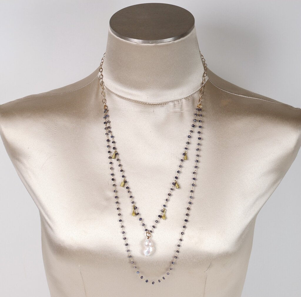 Iolite Beaded Chain with Pearl Pendant