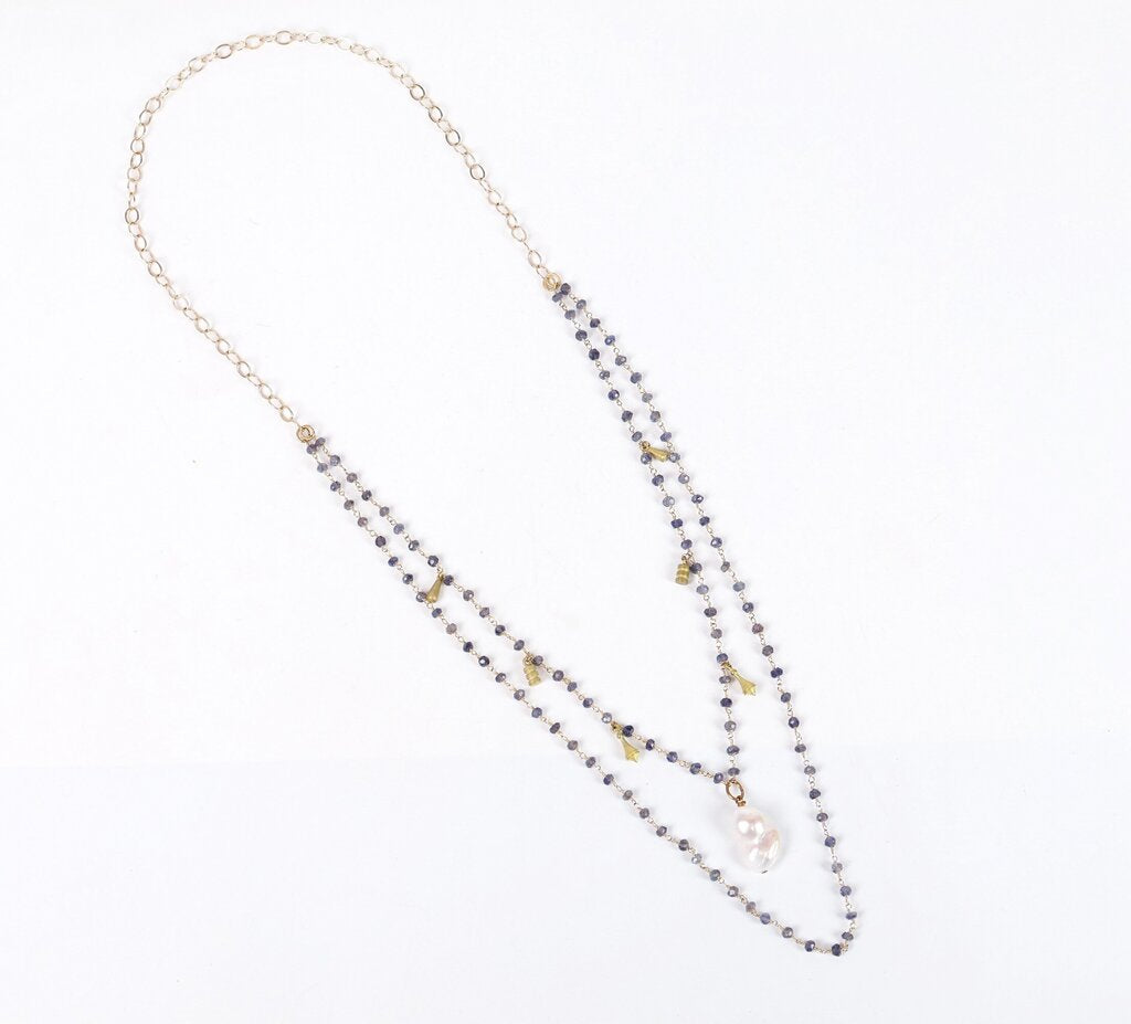 Iolite Beaded Chain with Pearl Pendant