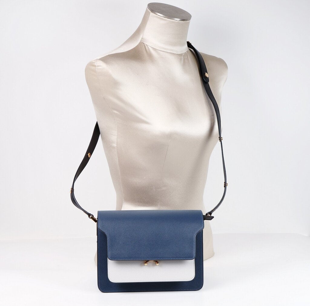 Navy and White 'Trunk' Bag with Black Snap Strap