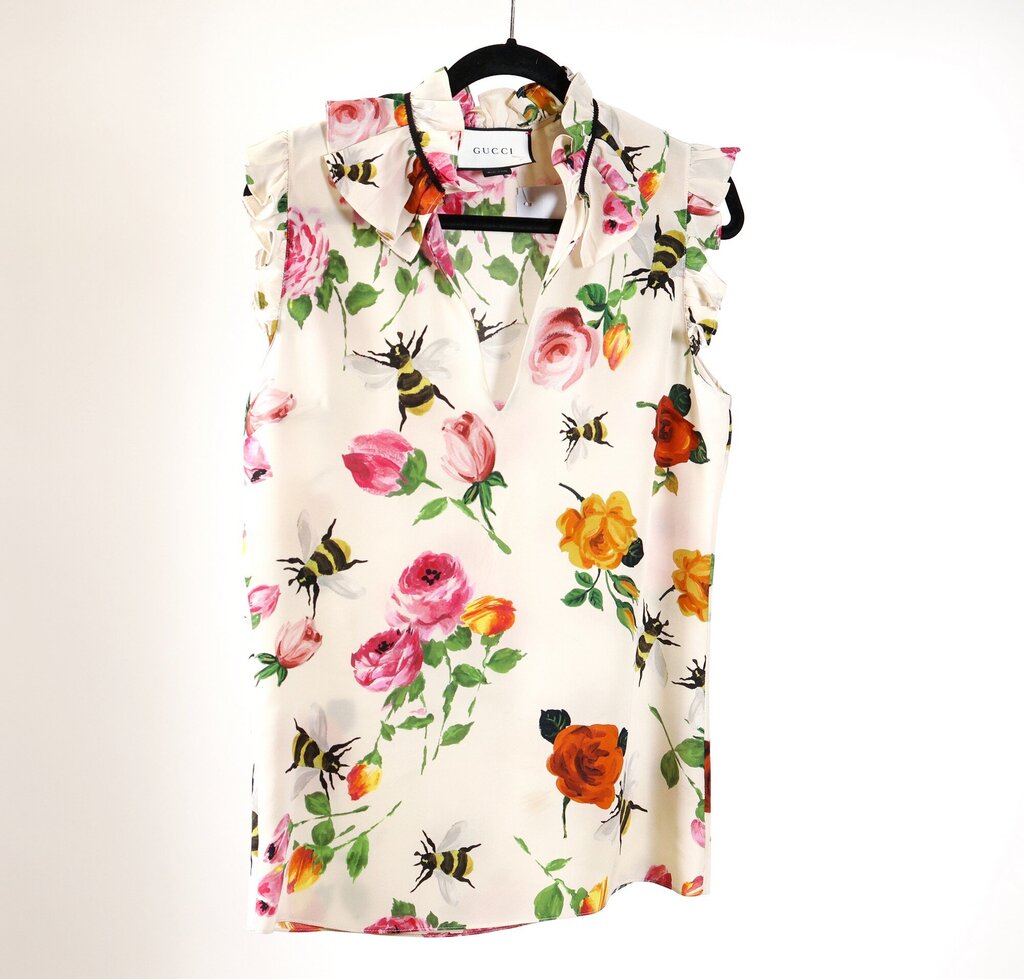 Ivory Sleeveless Blouse with Roses & Bees Print (S)