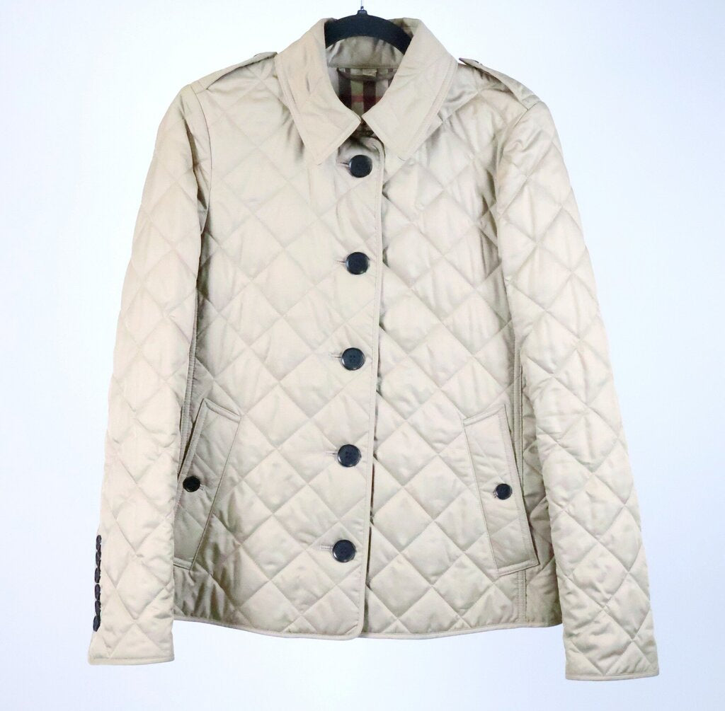 Tan Grid Quilted Coat with Epaulets