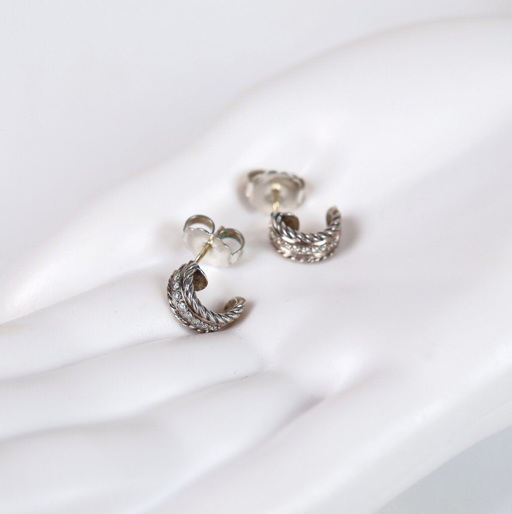 Sterling and Diamond Cable Pave Huggie Hoops