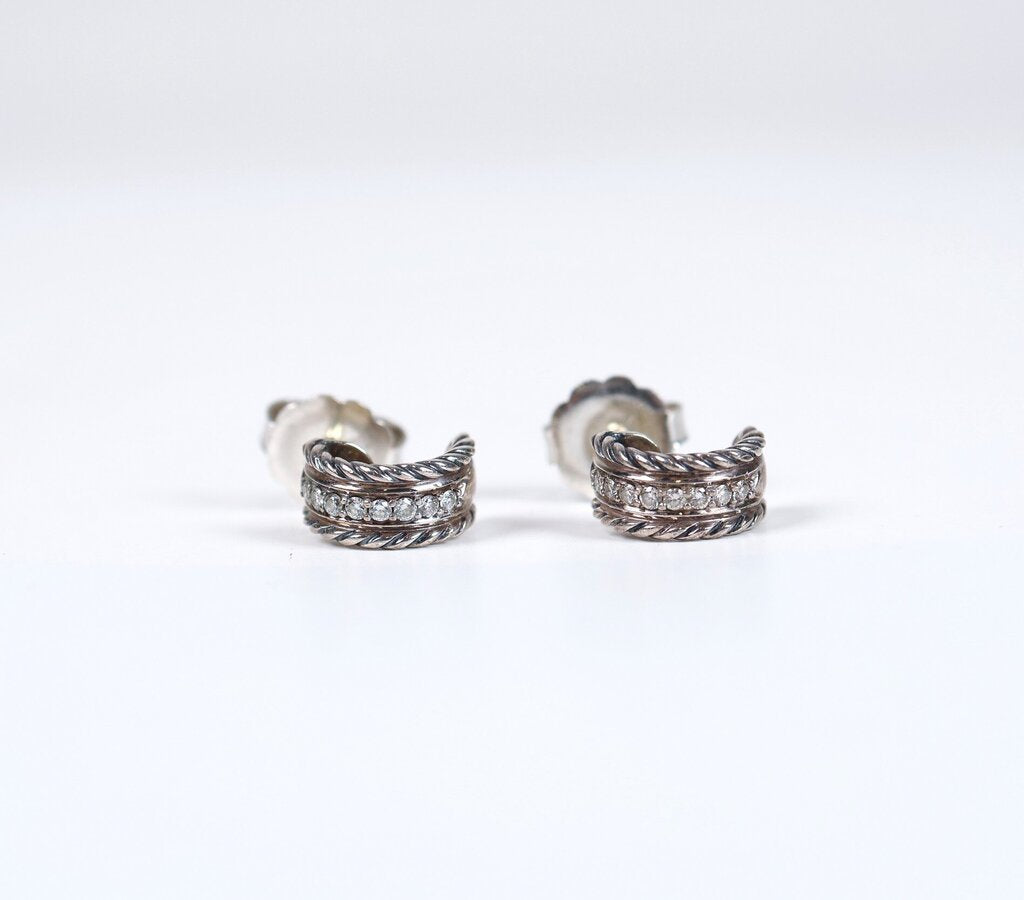 Sterling and Diamond Cable Pave Huggie Hoops