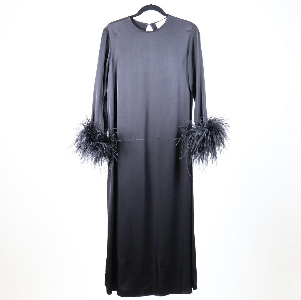 Black Satin maxi dress feather cuffs (XS)