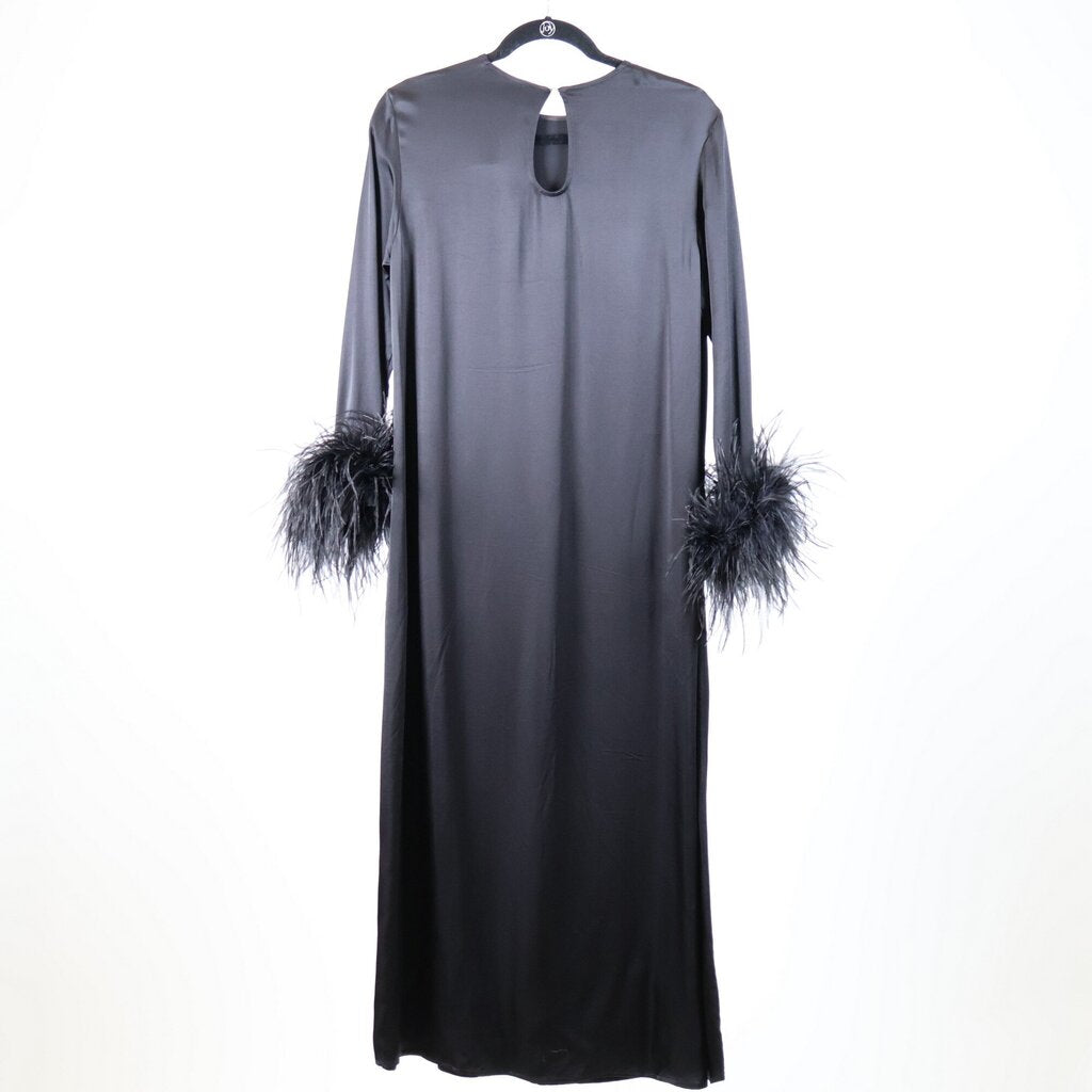 Black Satin maxi dress feather cuffs (XS)
