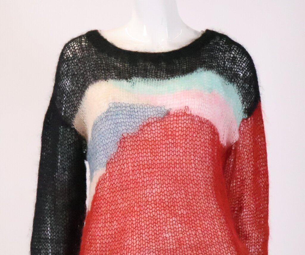 (L) Red and Black Open Knit Mohair Sweater