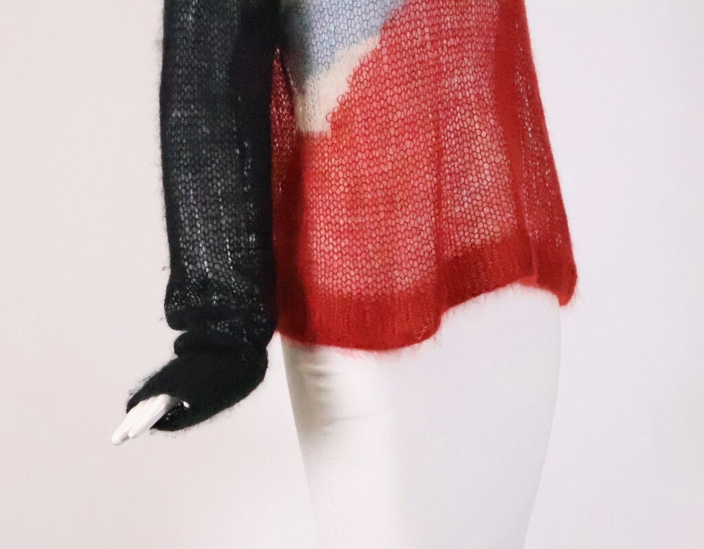 (L) Red and Black Open Knit Mohair Sweater