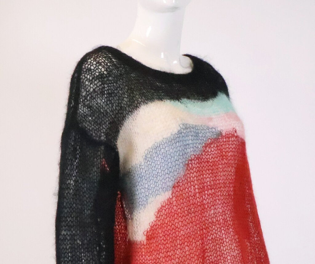 (L) Red and Black Open Knit Mohair Sweater