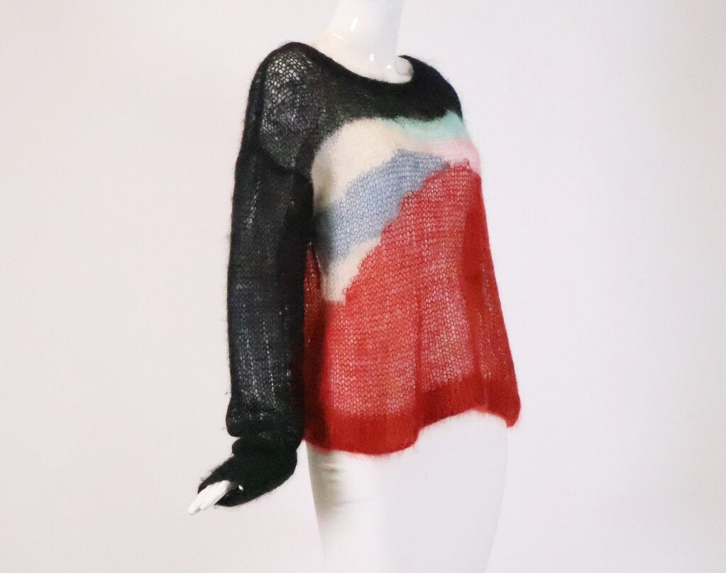 (L) Red and Black Open Knit Mohair Sweater
