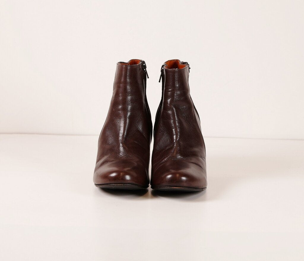 (9.5) brown leather wedge ankle booties