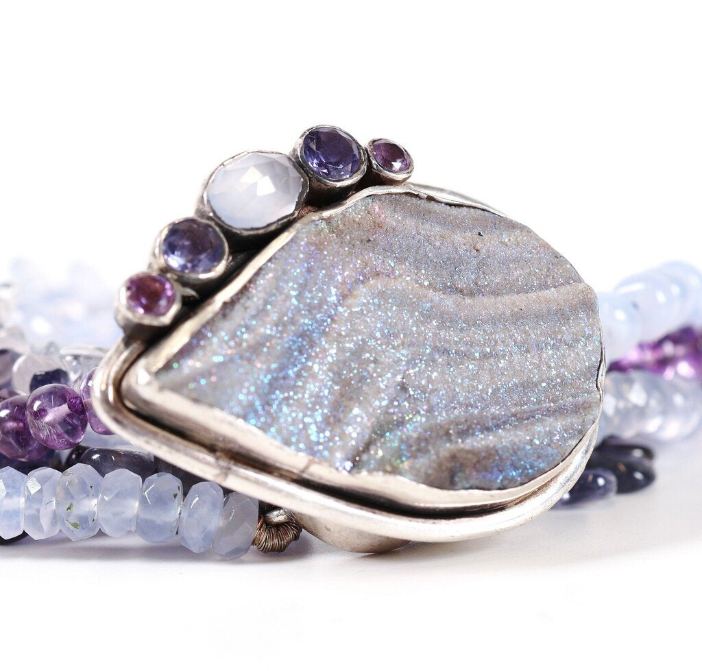 Druzy Amethyst Moonstone and Quartz Bracelet