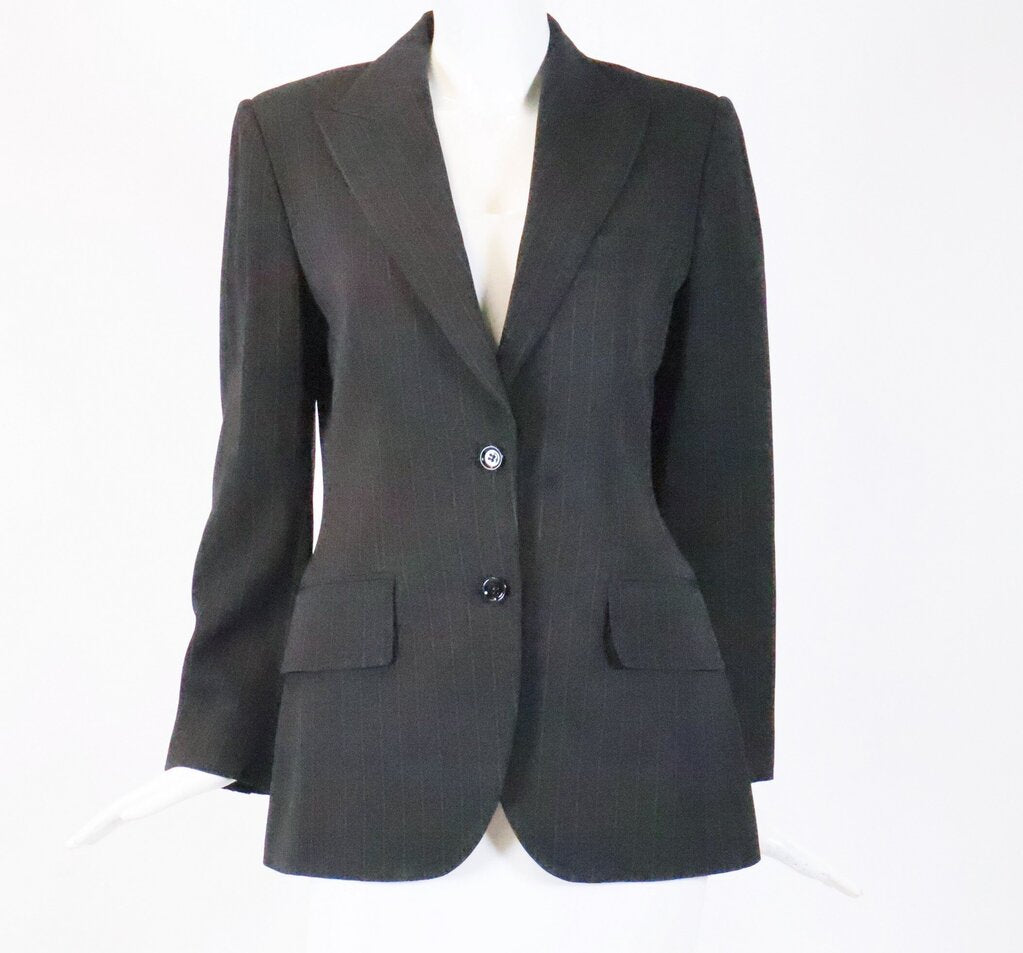 (44) Black/Brown Pinstripe Pant Suit