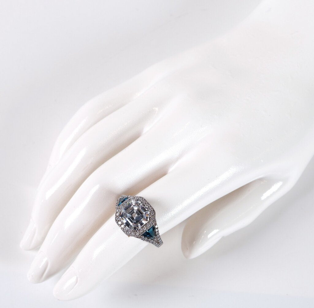 Sterling Asscher Cut Diamond and Topaz Ring (8.75)