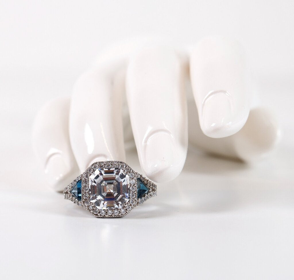 Sterling Asscher Cut Diamond and Topaz Ring (8.75)