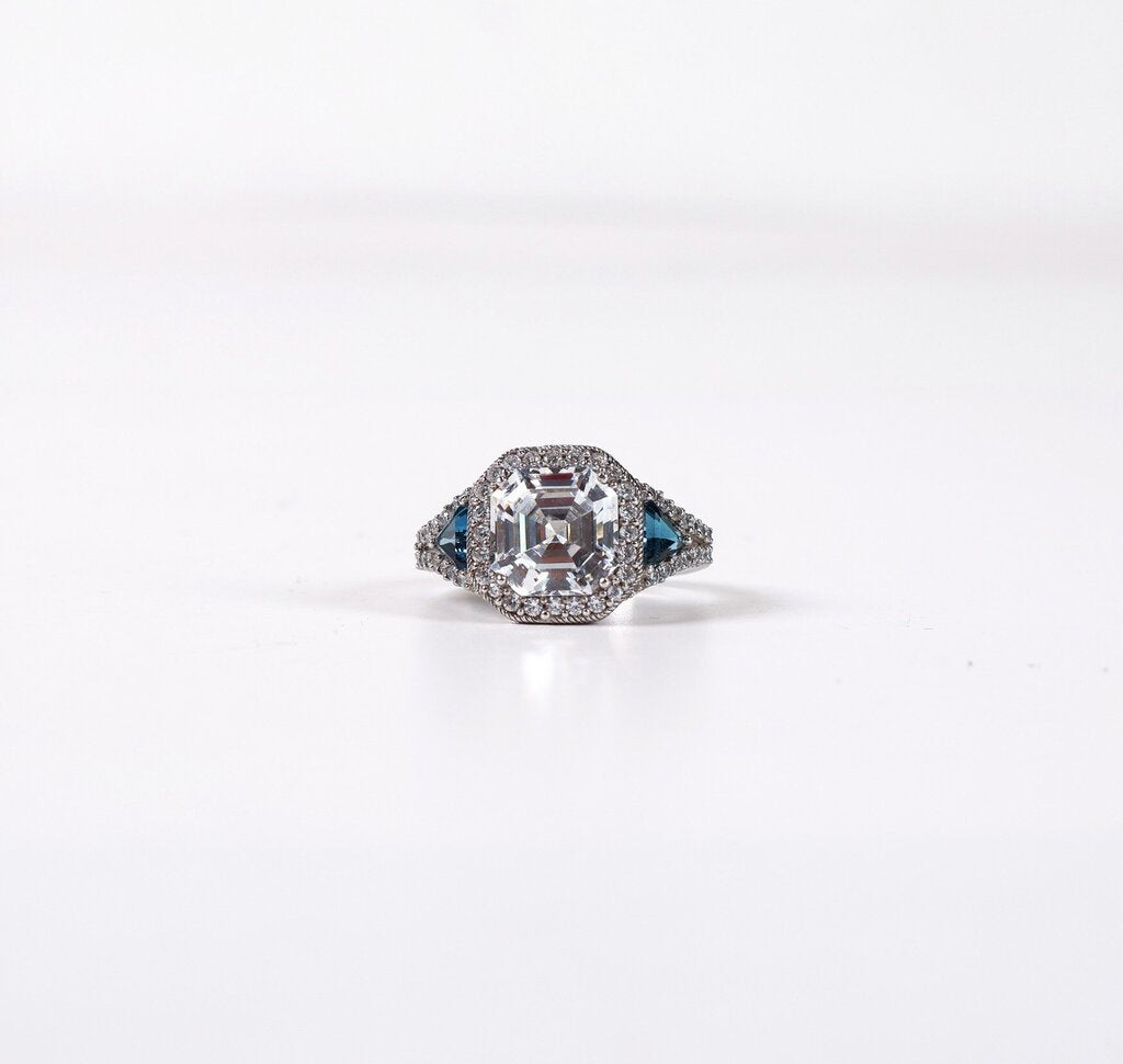Sterling Asscher Cut Diamond and Topaz Ring (8.75)