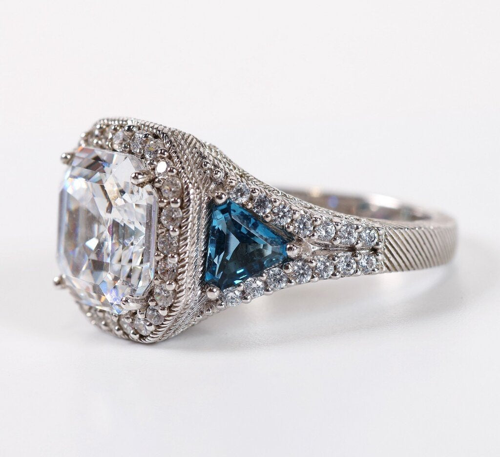 Sterling Asscher Cut Diamond and Topaz Ring (8.75)