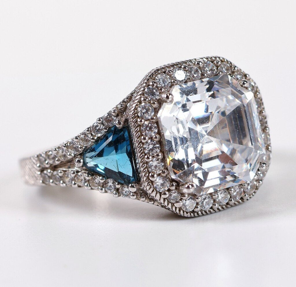 Sterling Asscher Cut Diamond and Topaz Ring (8.75)