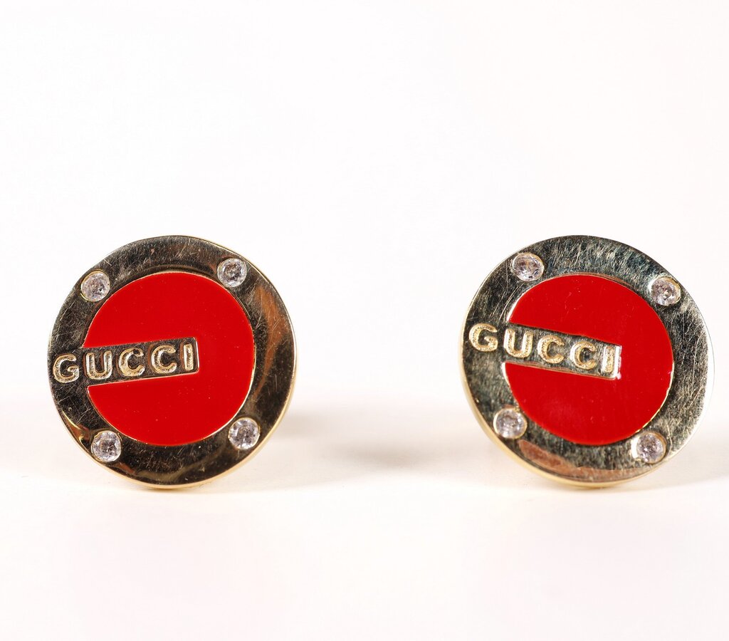 Gold Tone and Red Enamel Button Earrings