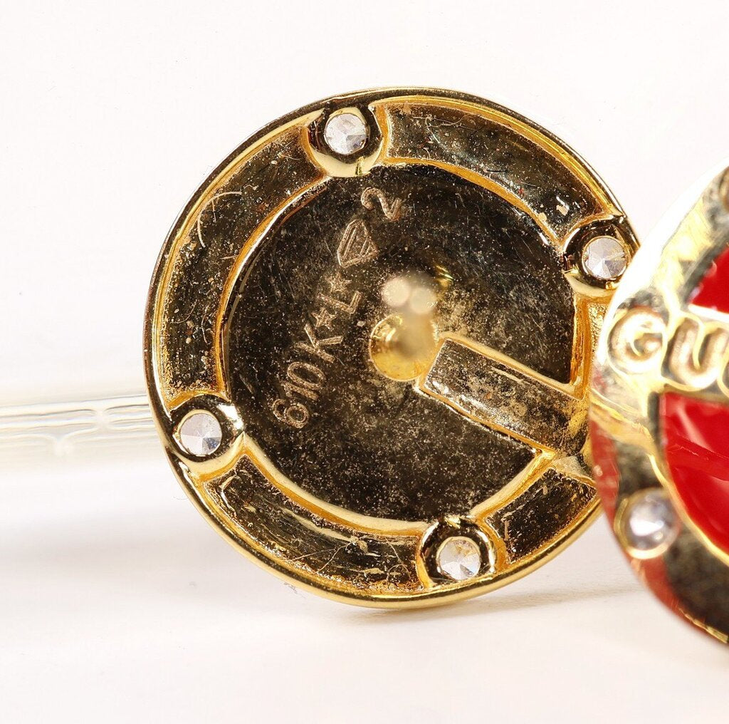 Gold Tone and Red Enamel Button Earrings