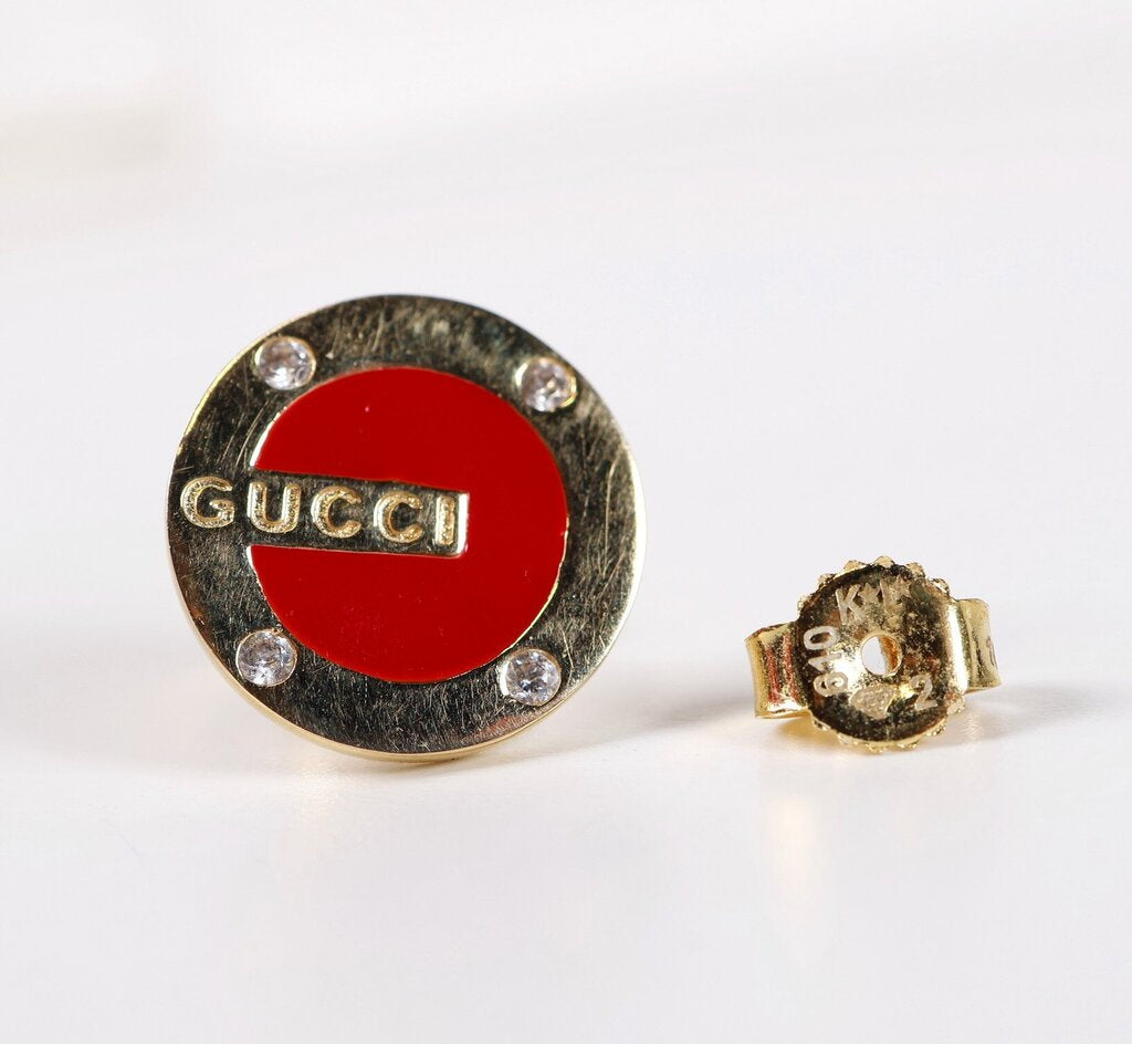 Gold Tone and Red Enamel Button Earrings