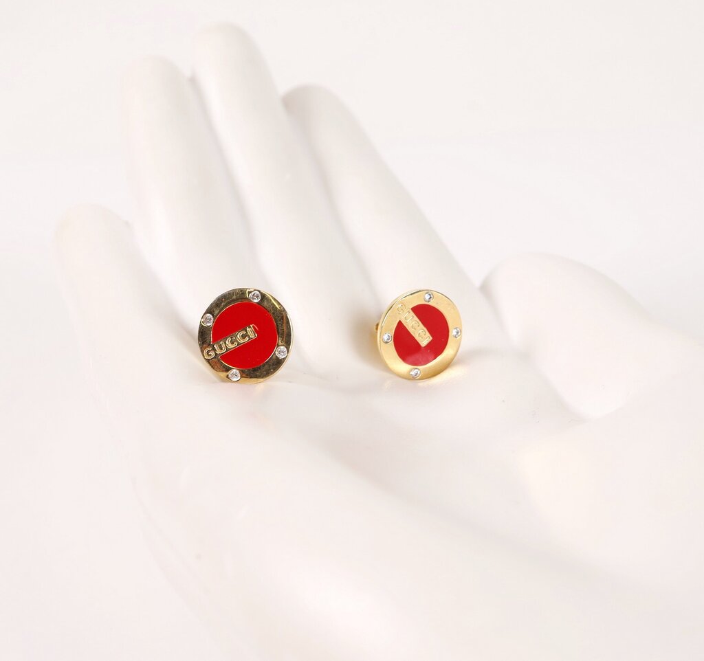 Gold Tone and Red Enamel Button Earrings
