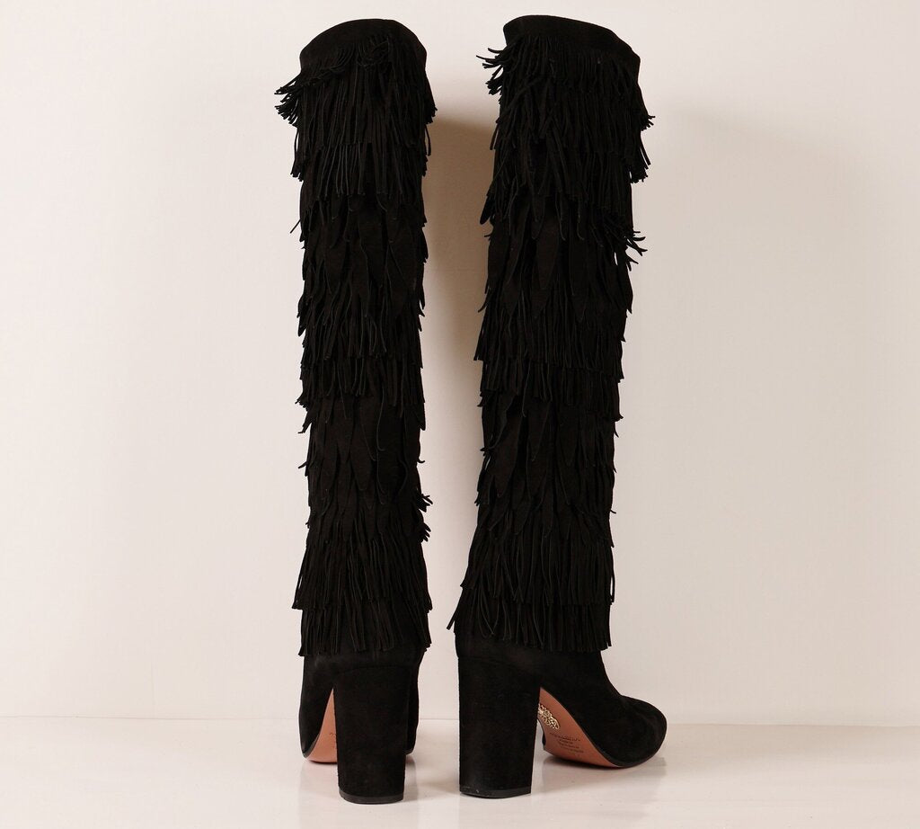 (40/10) Black Suede Fringe Boots