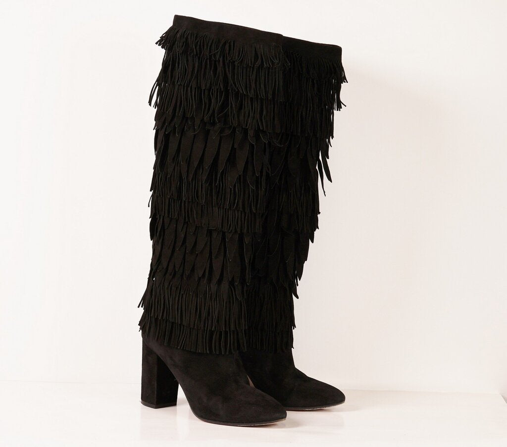 (40/10) Black Suede Fringe Boots