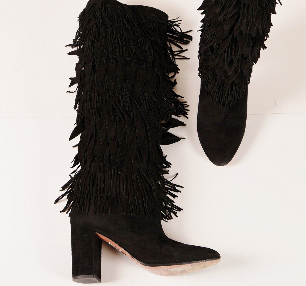 (40/10) Black Suede Fringe Boots