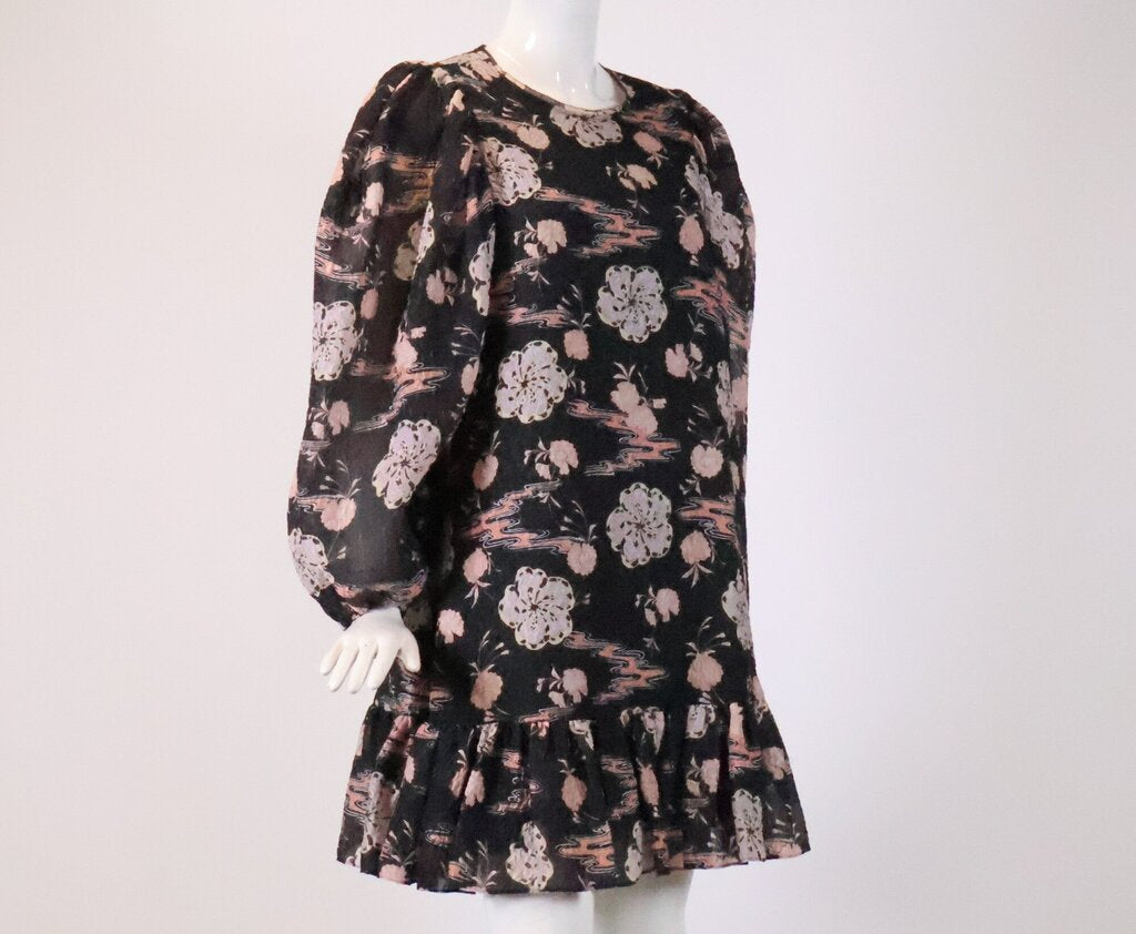 (S) Grey Crinkled Dress w/ Pastel Florals