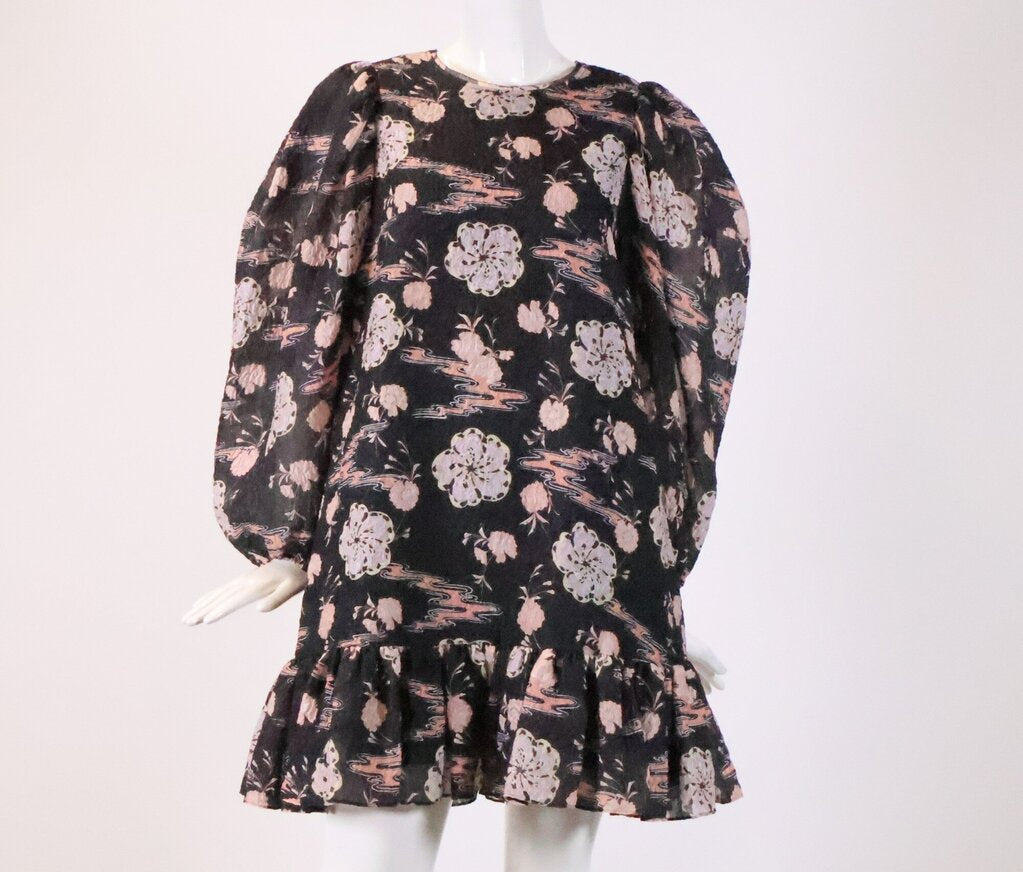 (S) Grey Crinkled Dress w/ Pastel Florals