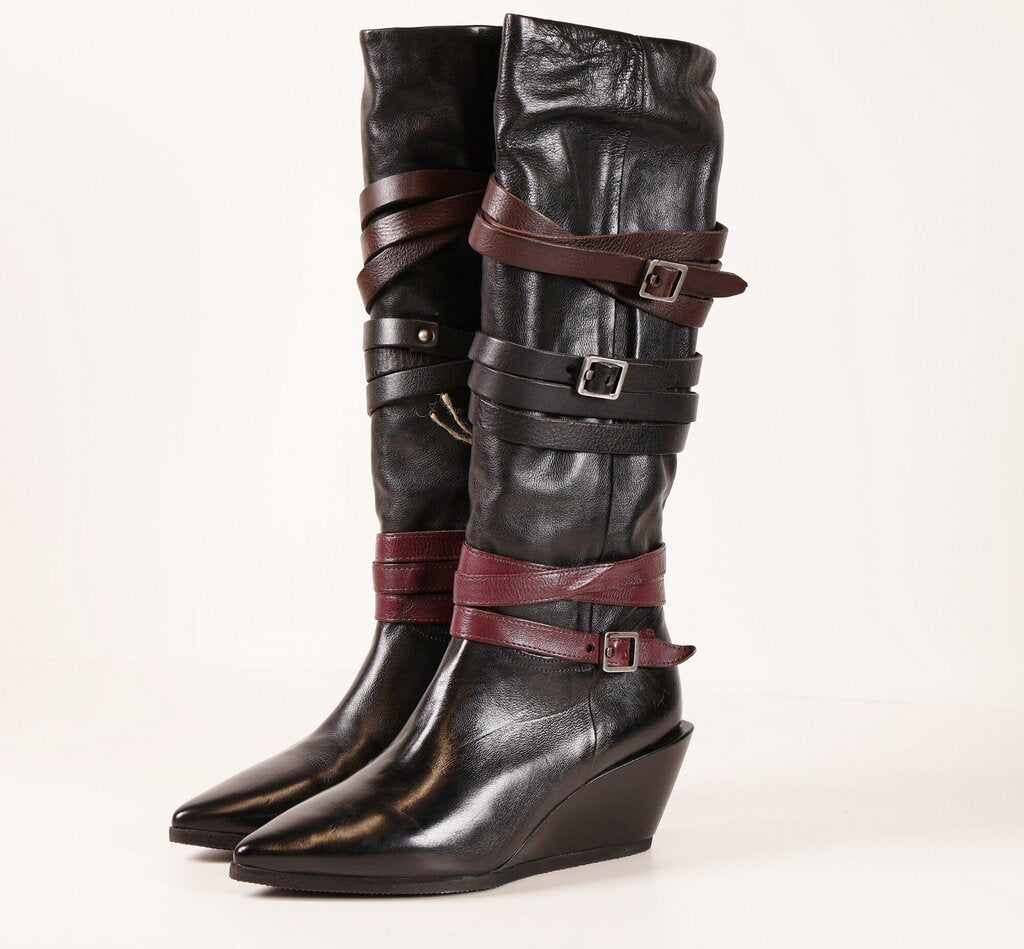 (40) black tall wedge buckle belt boots