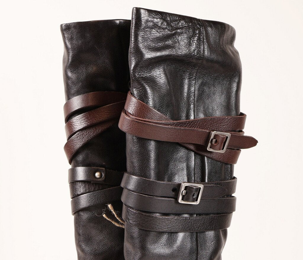 (40) black tall wedge buckle belt boots