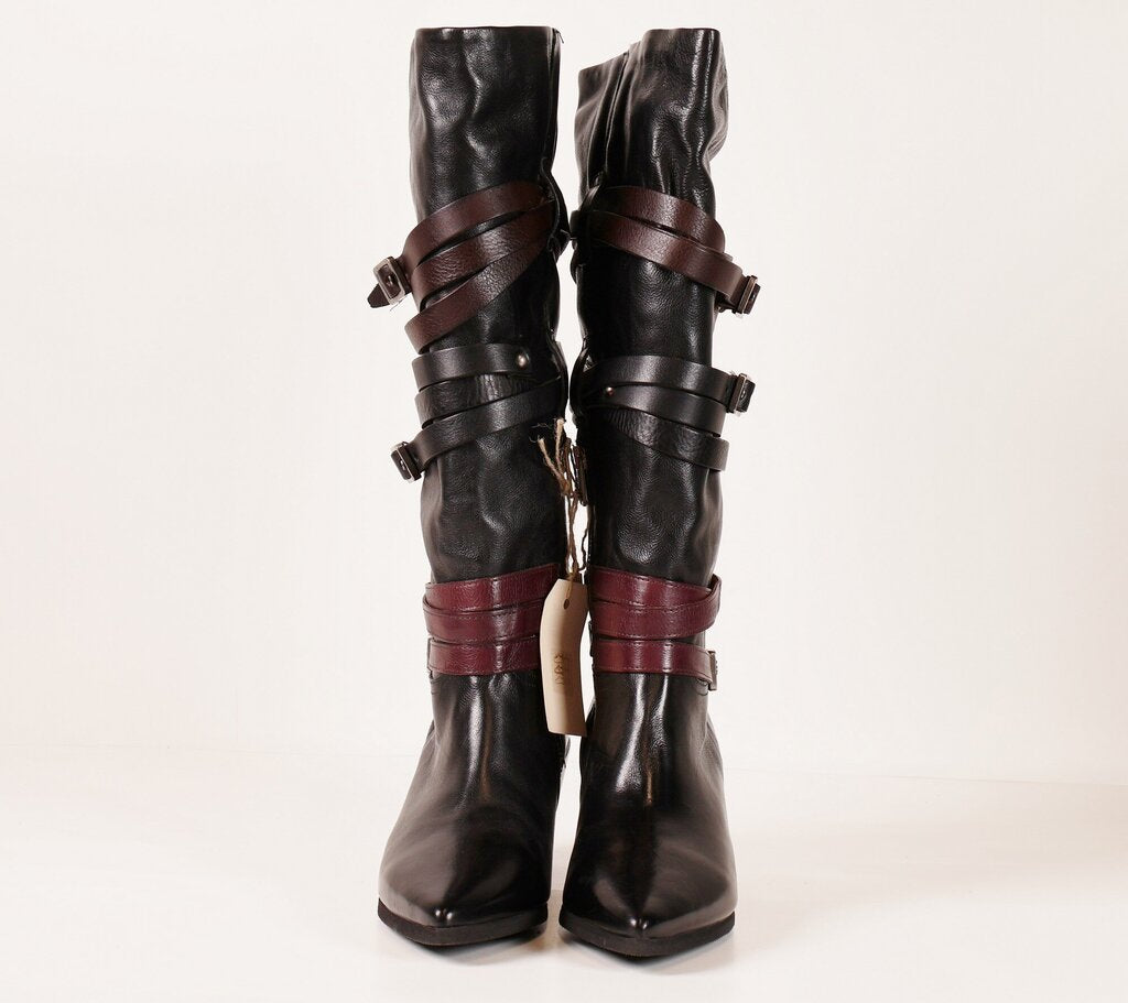 (40) black tall wedge buckle belt boots