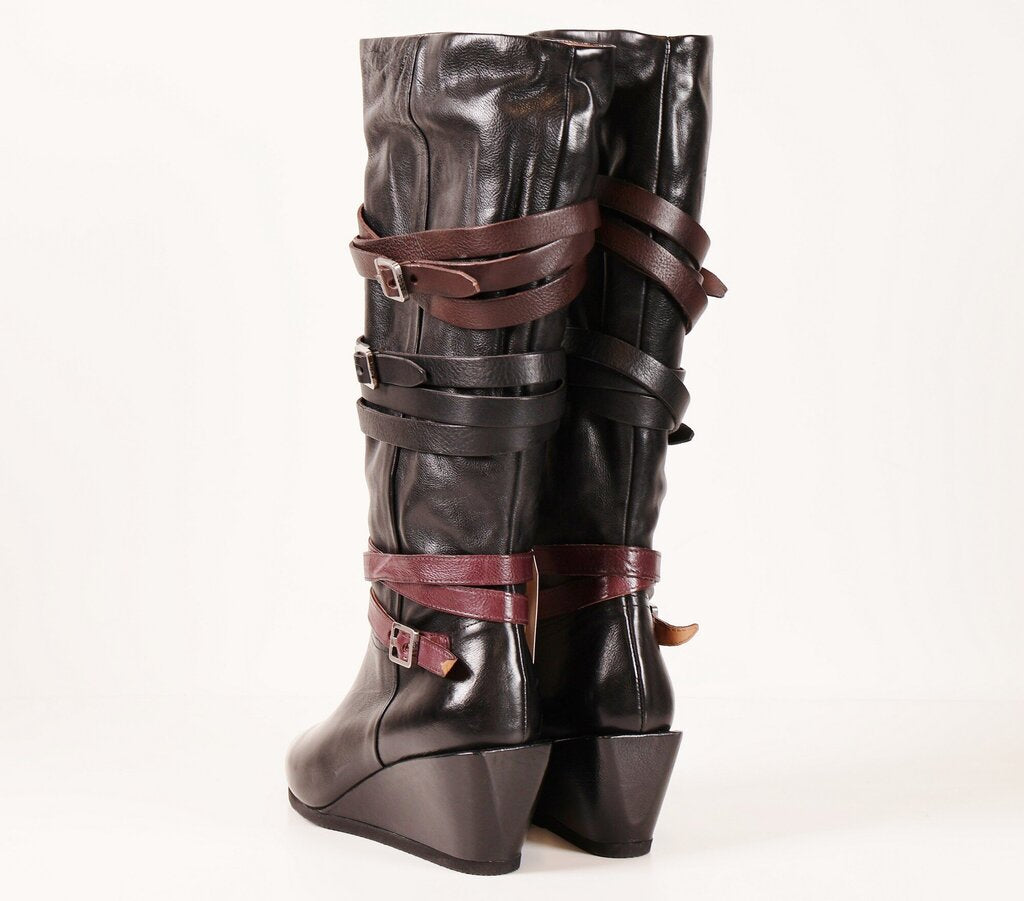 (40) black tall wedge buckle belt boots