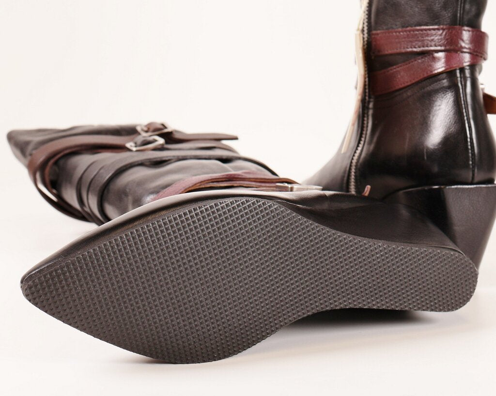 (40) black tall wedge buckle belt boots