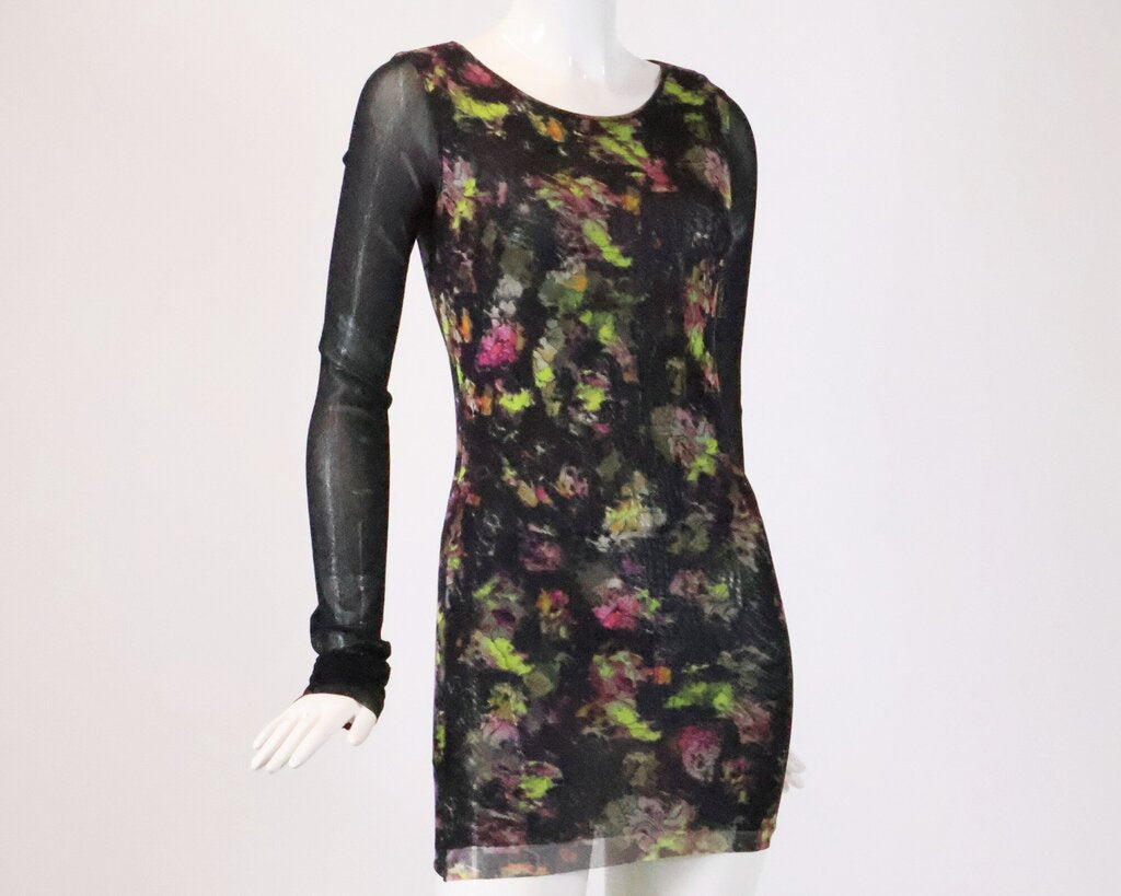 (M) black tunic top dress sheer w/pink