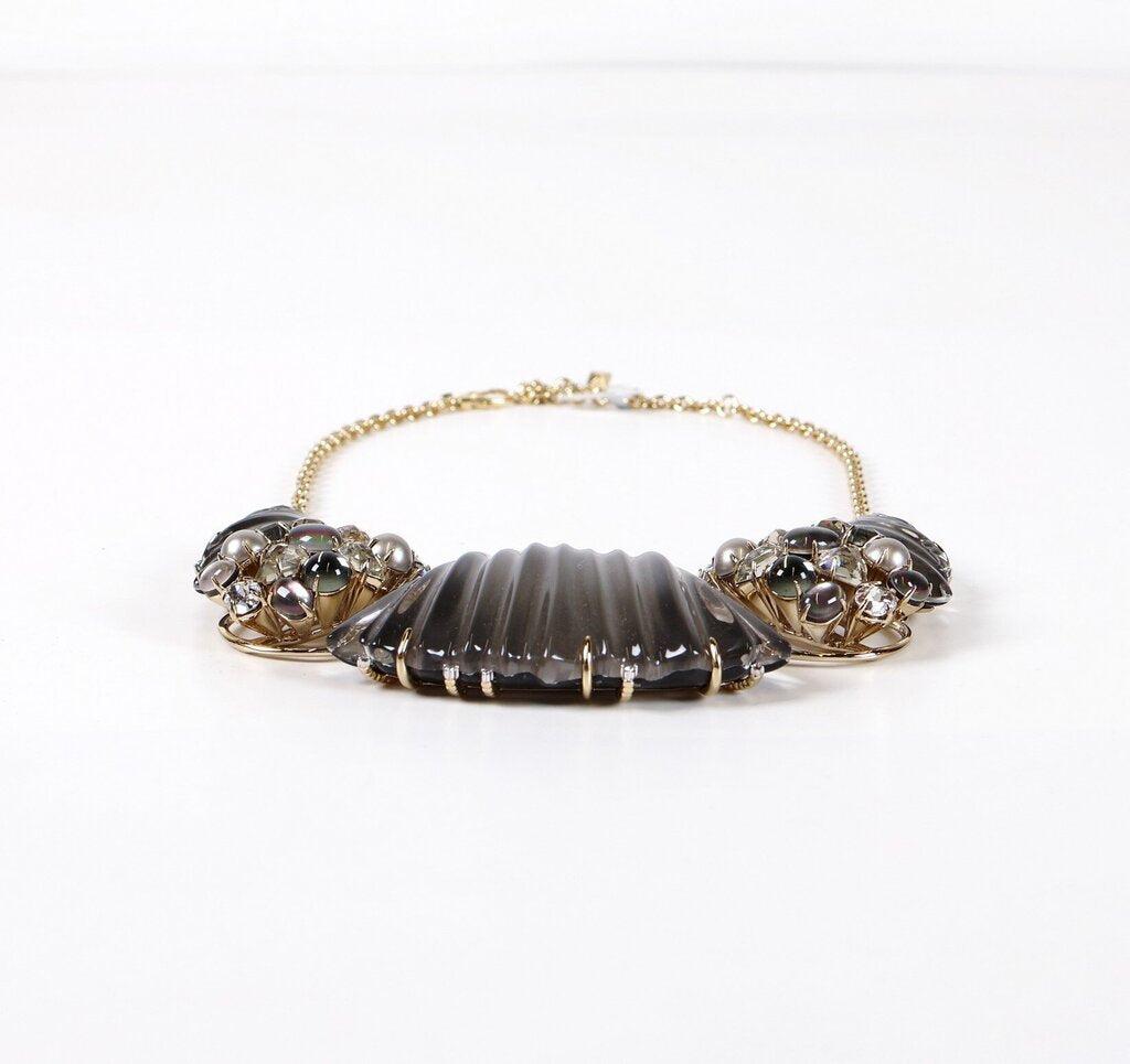 14K Gold Plate Mother of Pearl Lucite and Crystal Collar Necklace