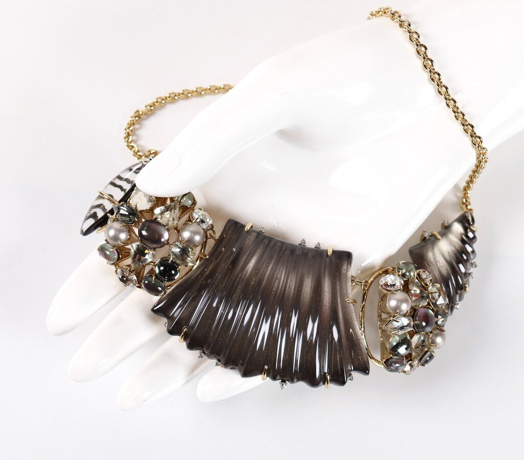 14K Gold Plate Mother of Pearl Lucite and Crystal Collar Necklace