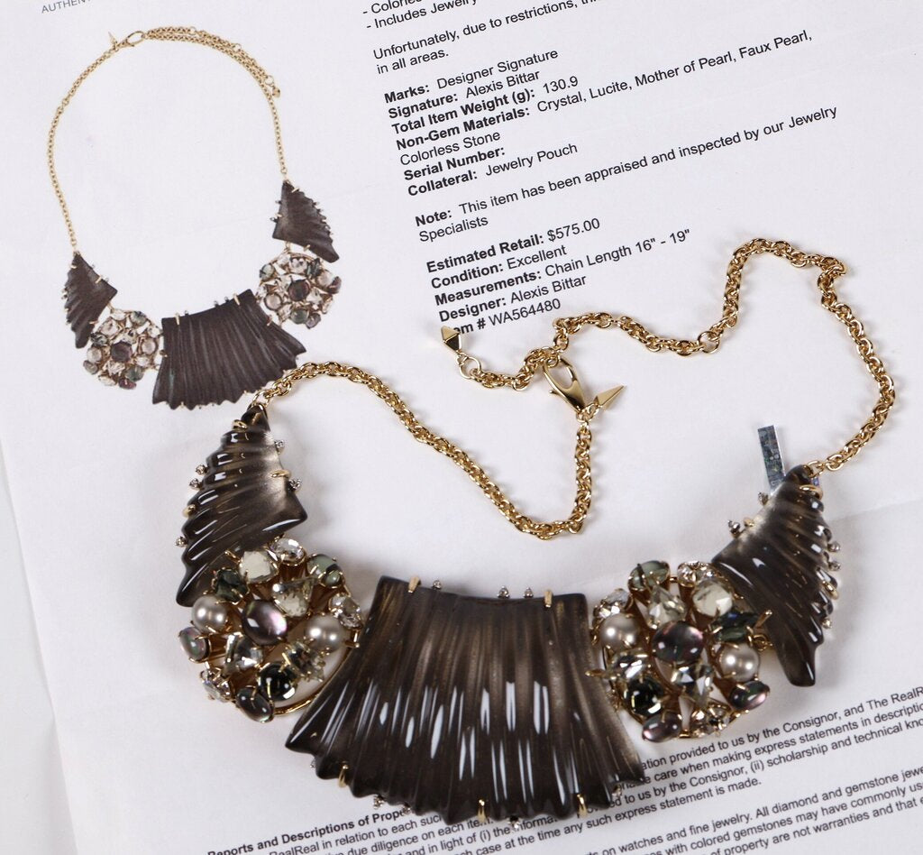 14K Gold Plate Mother of Pearl Lucite and Crystal Collar Necklace