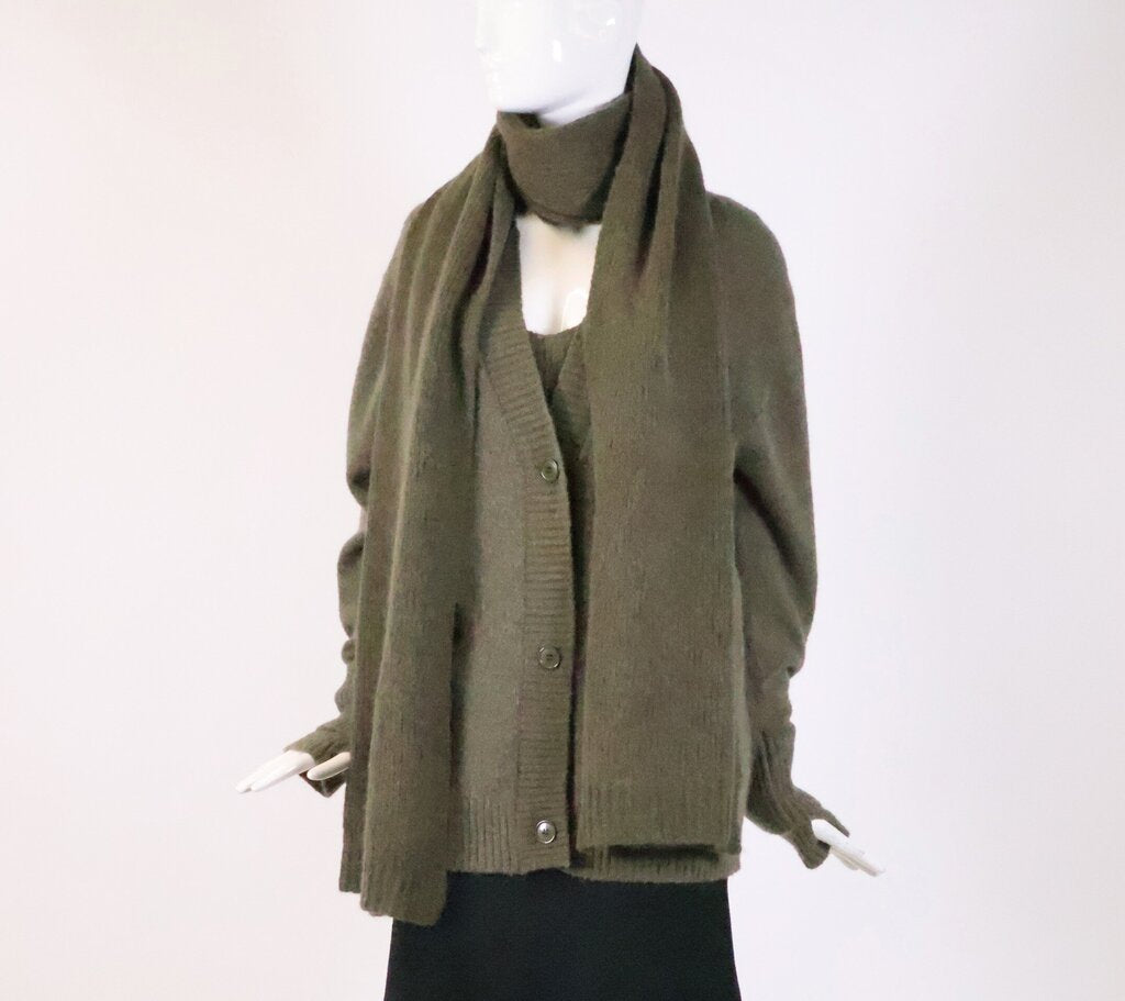 (S) Olive Green Knit Scarf and Tops Set