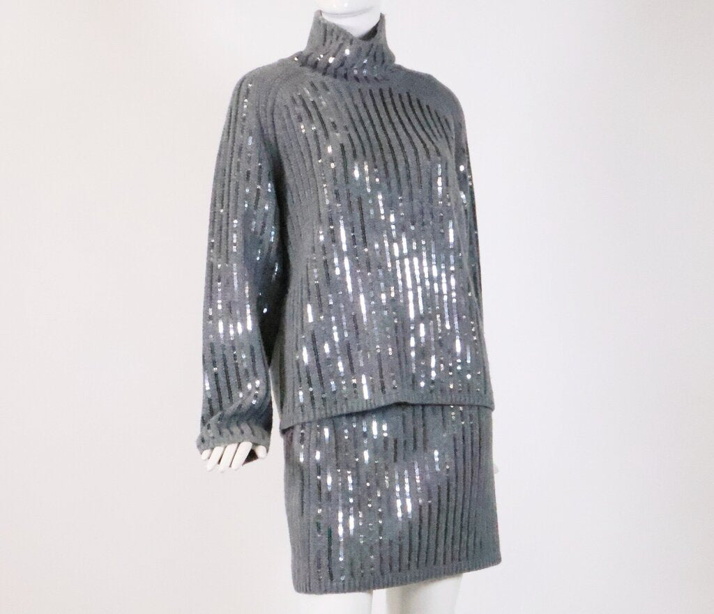 Grey Sequin Knit Sweater and Skirt Outfit (XS)
