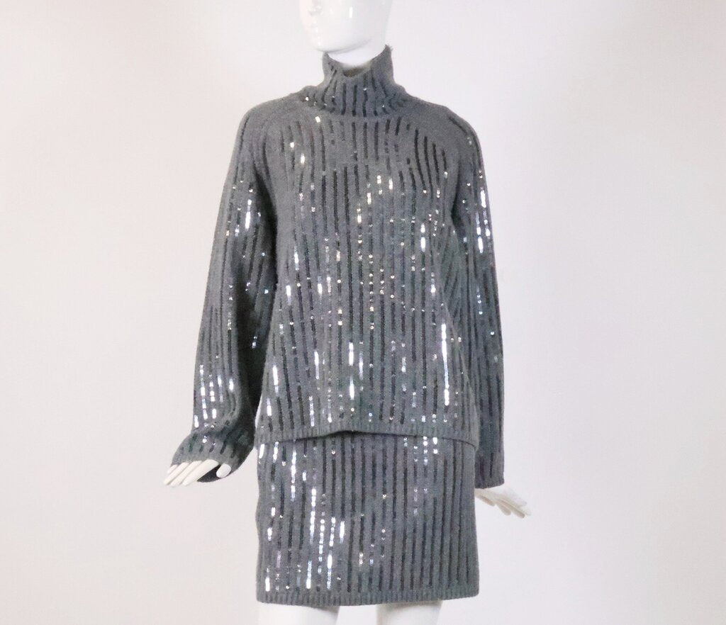 Grey Sequin Knit Sweater and Skirt Outfit (XS)