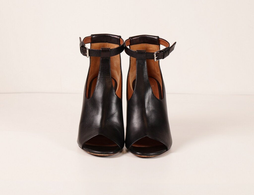 Black Leather Open Toe Cutout Heels (6)