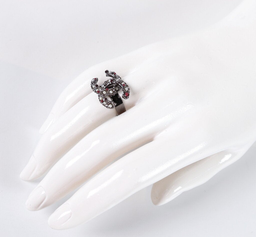B11 Gunmetal Classic CC Ring with Faux Pearls and Garnets