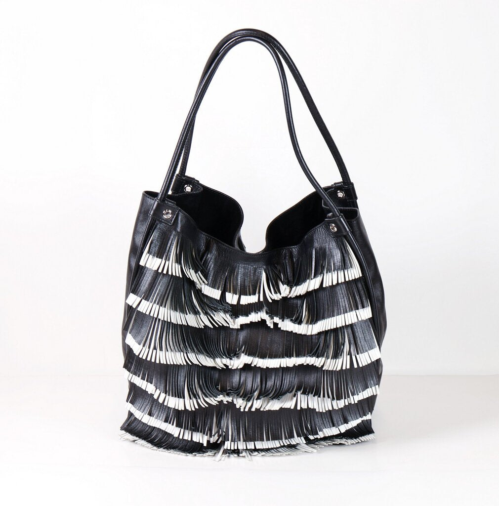 Black and White Fringed Shoulder Tote