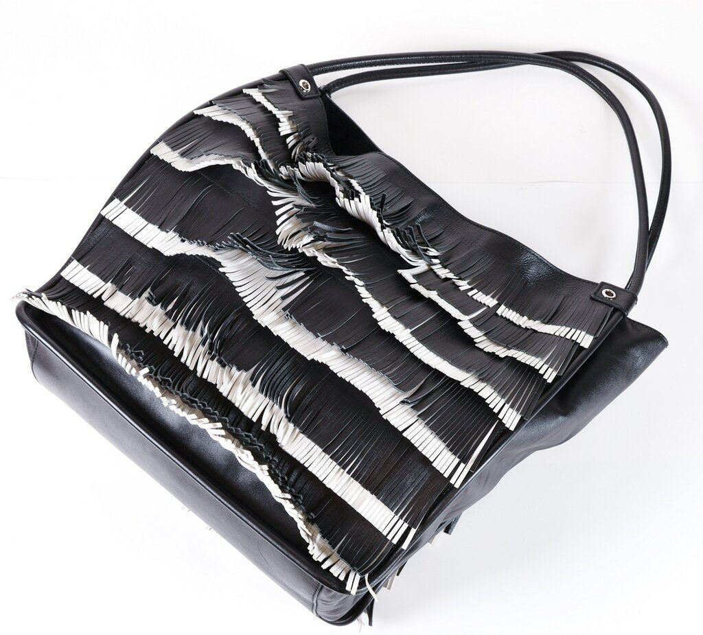 Black and White Fringed Shoulder Tote