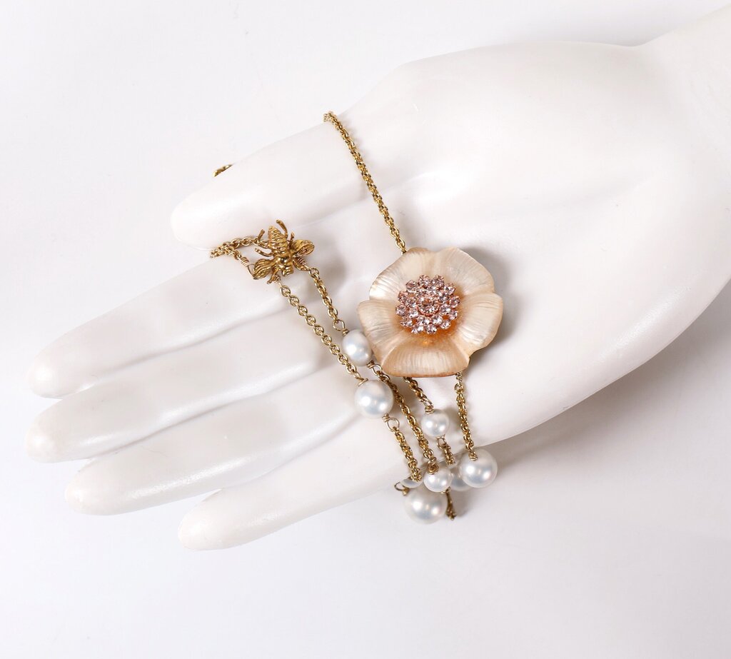Champagne Lucite Pansy and Pearl Necklace