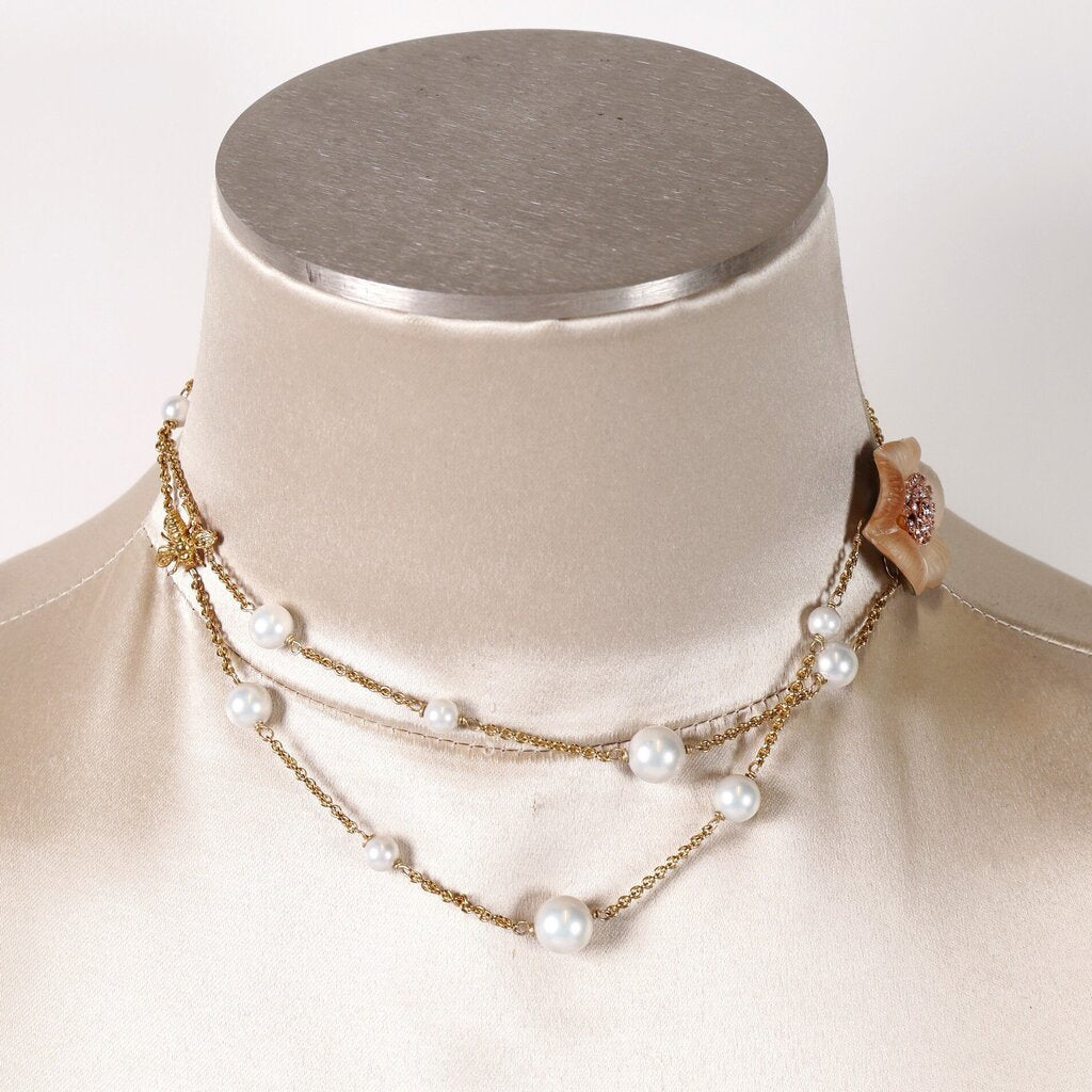 Champagne Lucite Pansy and Pearl Necklace