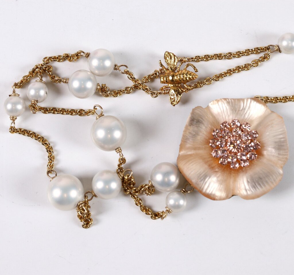 Champagne Lucite Pansy and Pearl Necklace