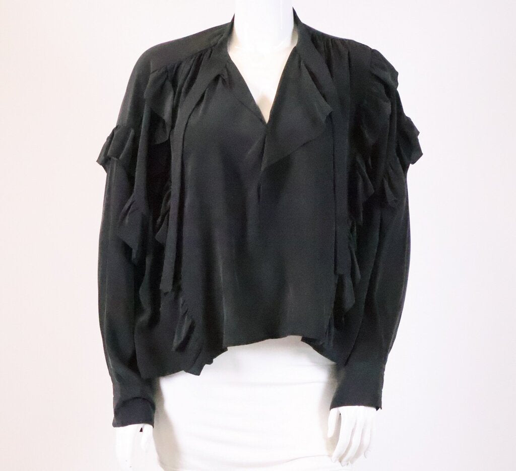 Black Silk Ruffle Detail High-Low Top (L)